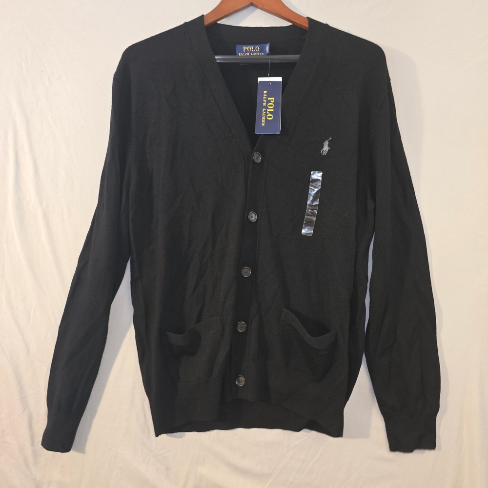 Polo Ralph Lauren Cardigan M Men Black Merino Wool V-Neck Button Front NWT
